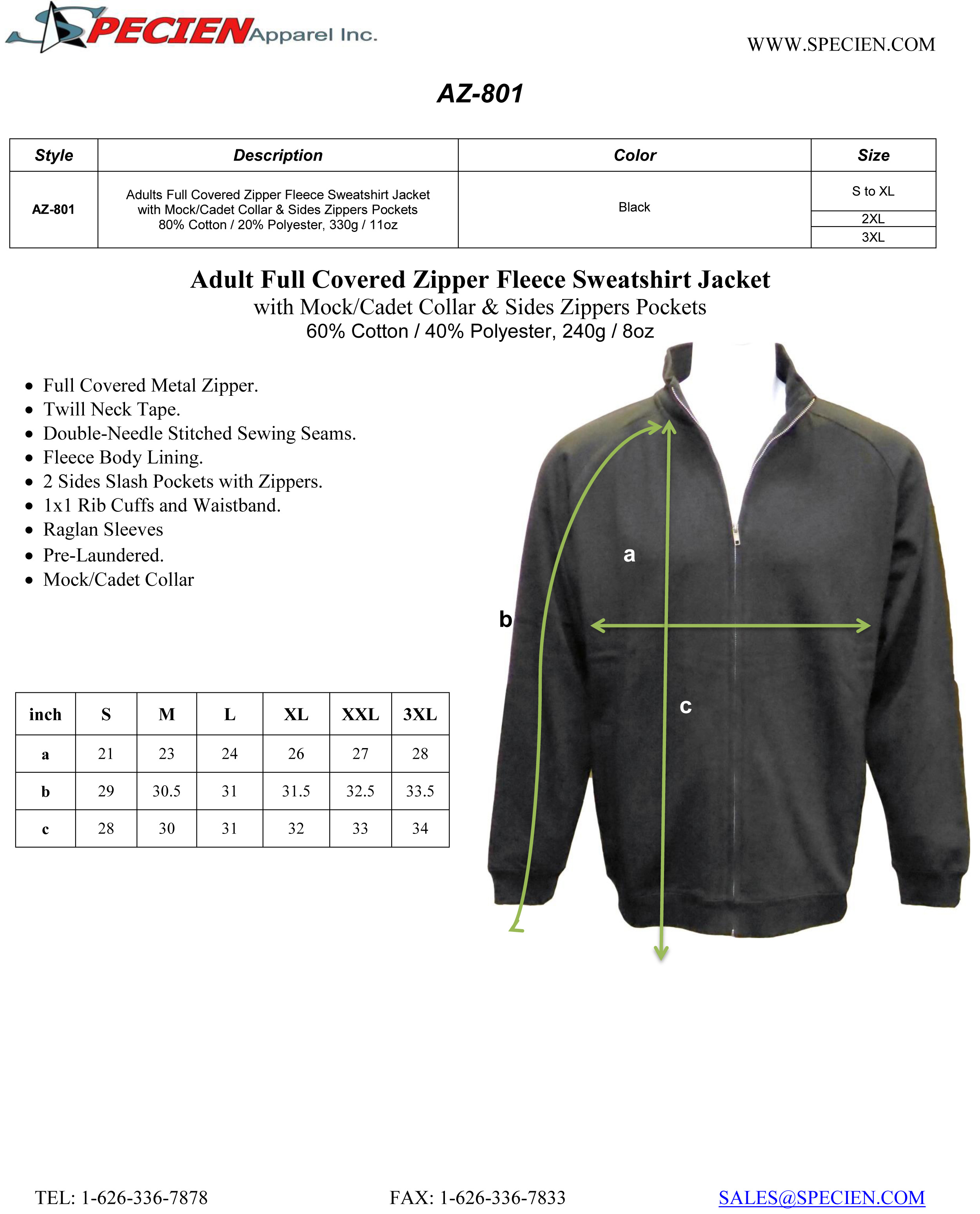Adult Full Covered Zipper Fleece Sweatshirt Jacket with Mock/Cadet Collar &  Sides Zippers Pockets 